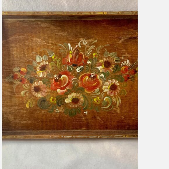 Vintage Norwegian Rosemaling Hand Painted Wooden Serving Tray Folk Art 19.5x11.5 - Picture 2 of 8